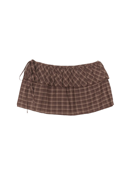 checkered-ruffle-layering-mini-skirt-cf519 / Dark brown