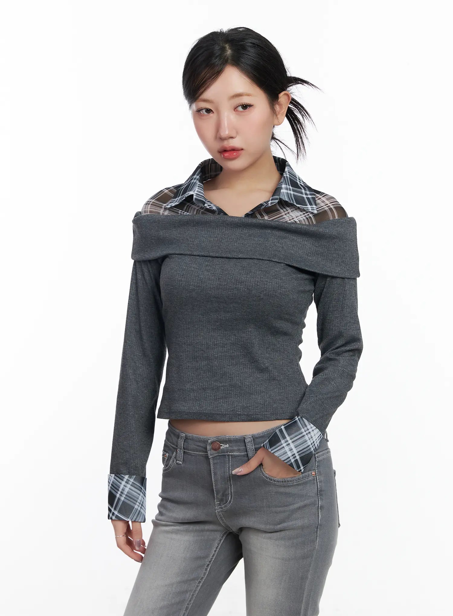 layered-off-shoulder-long-sleeve-top-cj530 / Dark gray