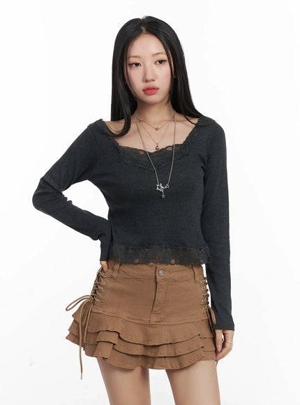 romantic-lace-trim-sweetheart-neck-long-sleeve-top-cd530 / Dark gray