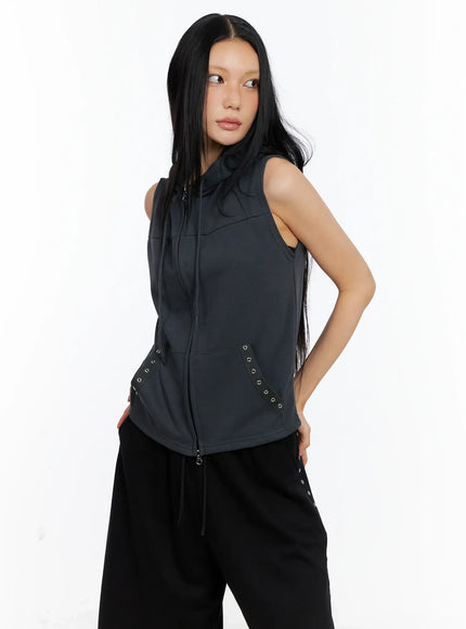 eyelet-hooded-vest-zip-up-cl529 / Dark gray