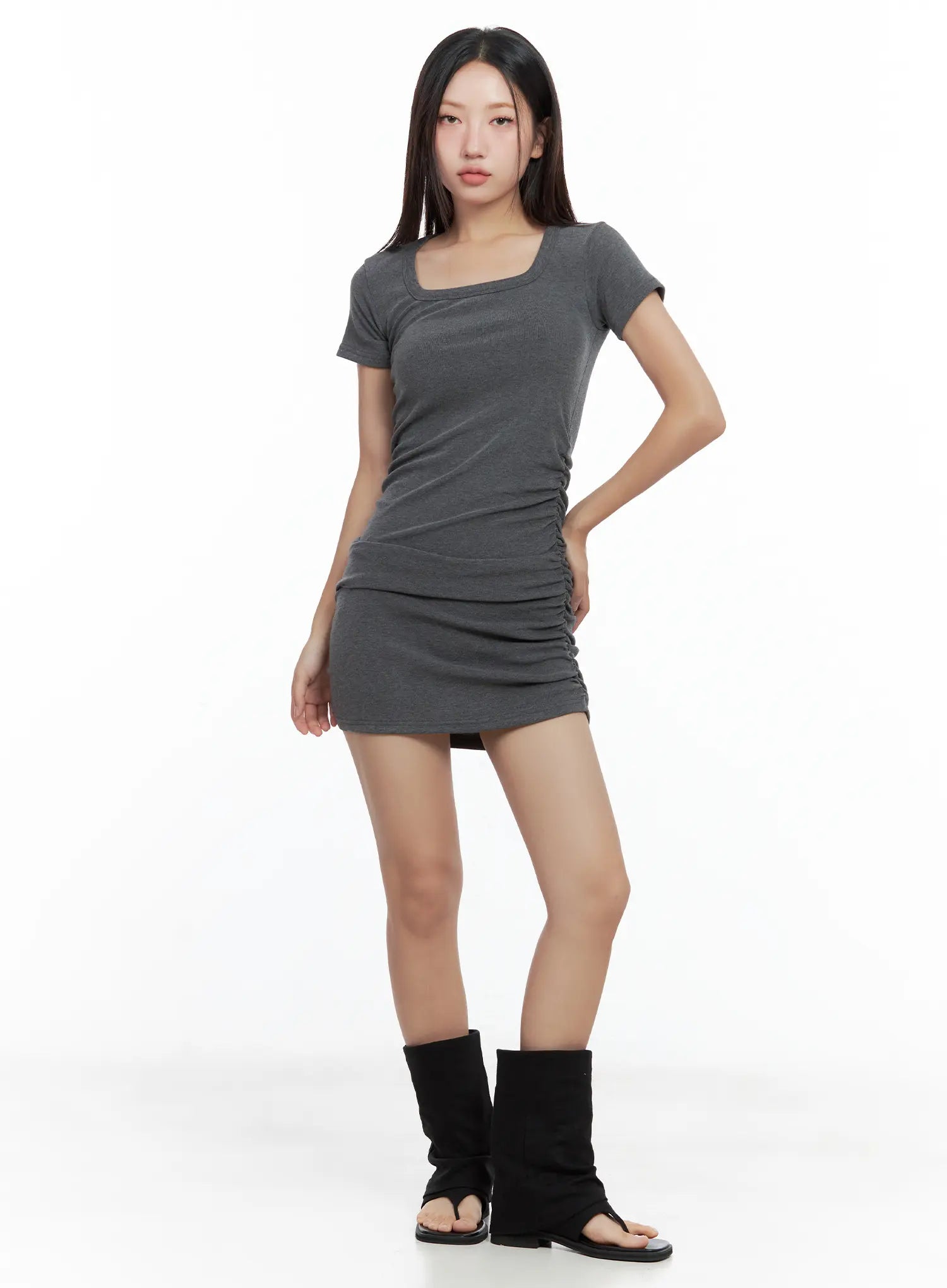 shirred-square-neck-mini-dress-cl508 / Dark gray