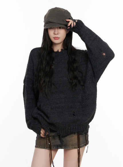 oversized-distressed-knit-sweater-cn512 / Dark gray