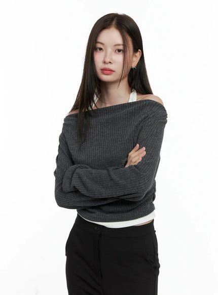 ribbed-knit-off-shoulder-with-halter-top-co503 / Dark gray