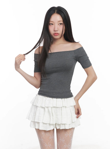 off-shoulder-ribbed-tee-cu516 / Dark gray