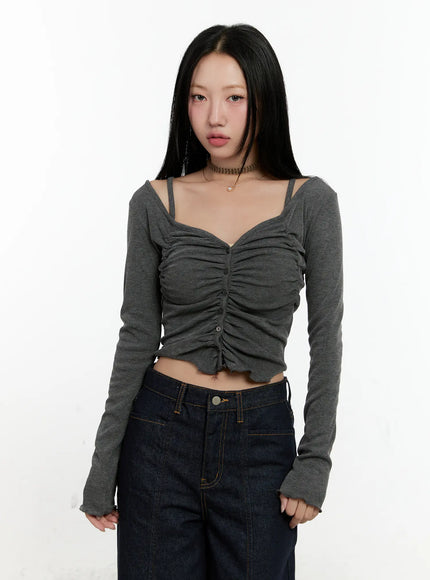 off-shoulder-ruched-long-sleeve-top-cn506 / Dark gray