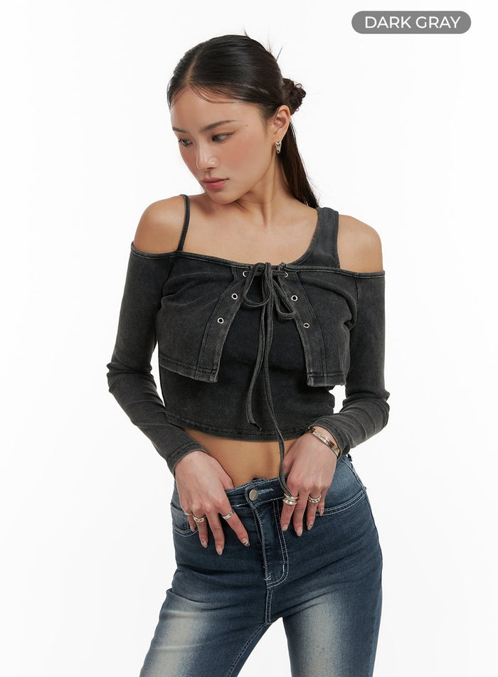 x-strap-corset-off-shoulder-cropped-long-sleeve-cy402 / Dark gray