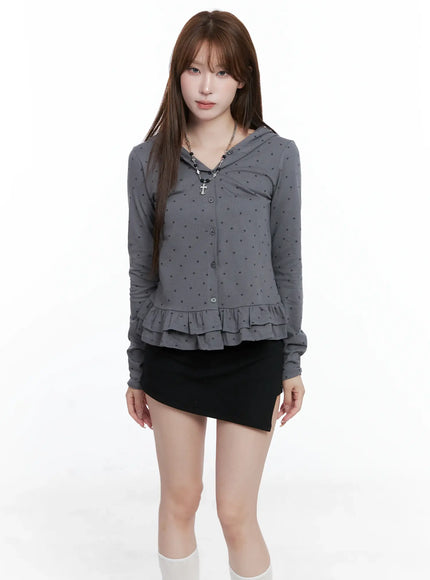 ruffle-polka-dot-hooded-cardigan-cs501 / Dark gray