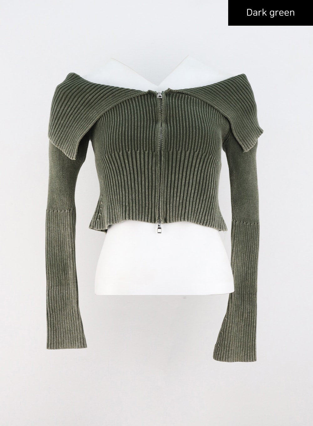 ribbed-off-shoulder-zip-up-sweater-cs326 / Dark green