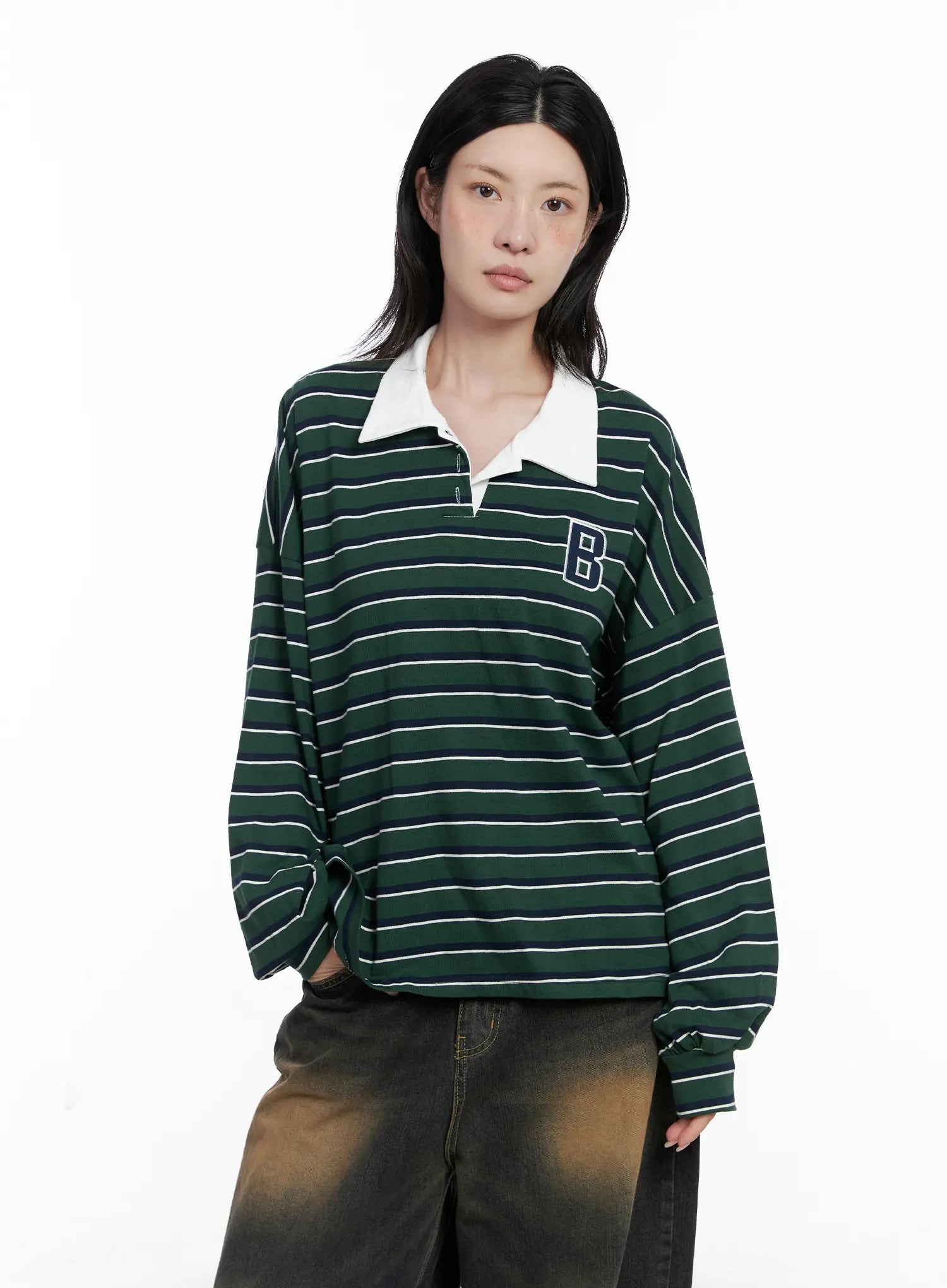 striped-polo-long-sleeve-shirt-cs526 / Dark green