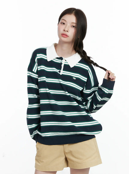 oversized-striped-long-sleeve-collared-shirt-co503 / Dark green
