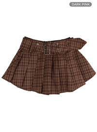 wide-belt-checkered-mini-skirt-cf429 / Dark pink