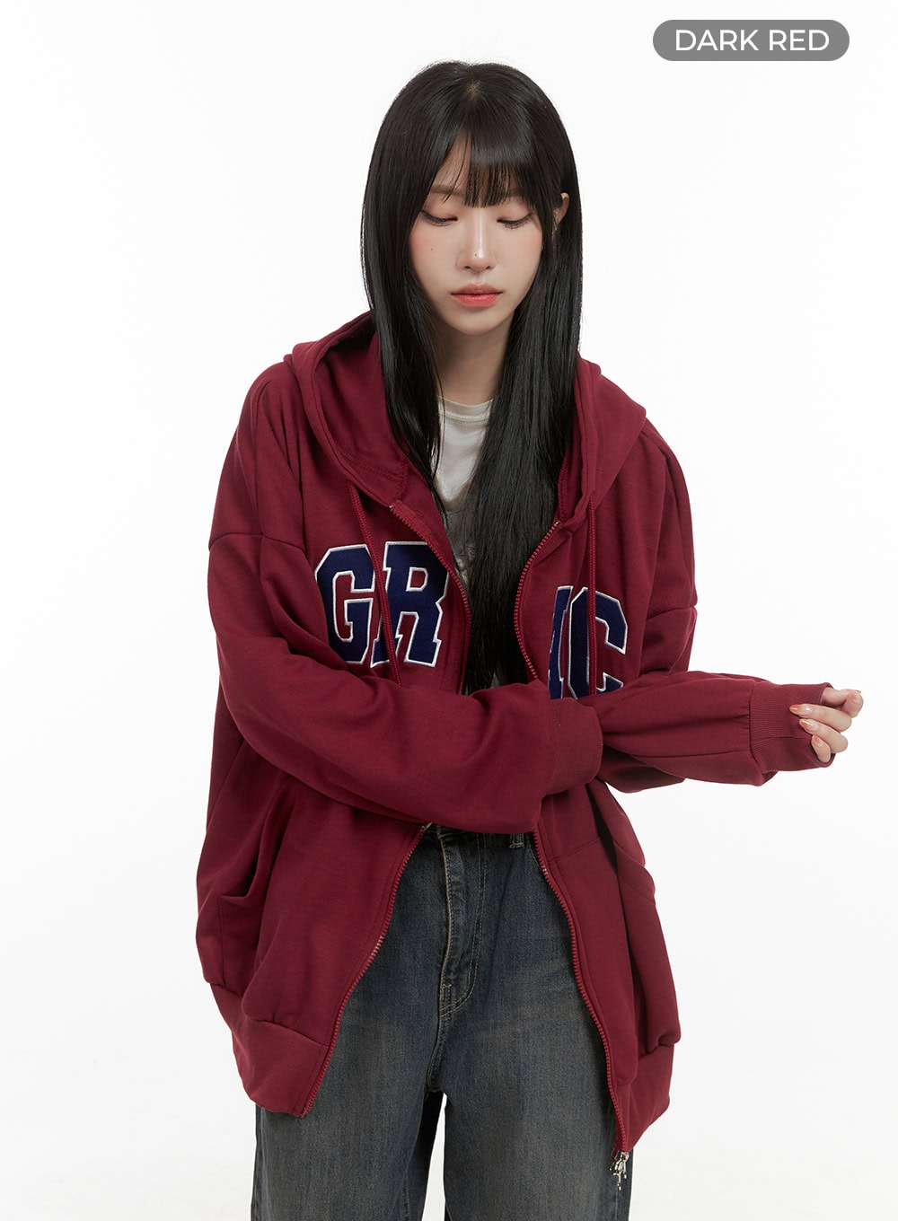 two-way-zip-up-embroidered-hoodie-cg430 / Dark red