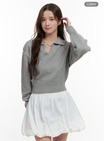 knit-collared-crop-sweater-oo421 / Gray