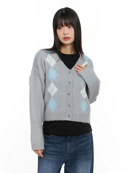 argyle-brush-cardigan-cn521 / Gray