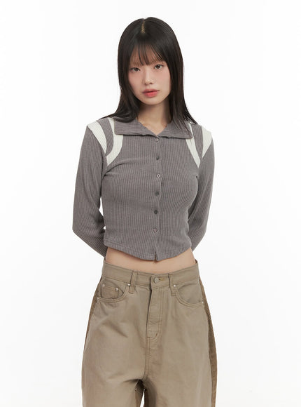 buttoned-slim-fit-cropped-cardigan-cd426 / Gray