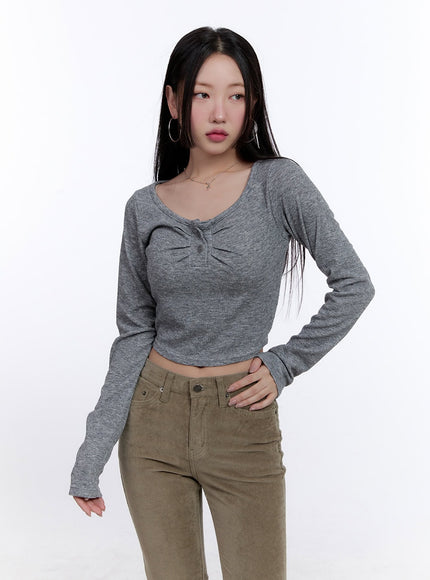 shirred-long-sleeve-buttoned-crop-tee-cj513 / Gray