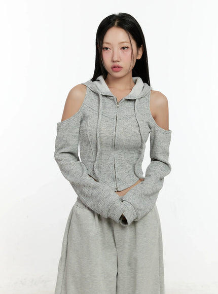 ribbed-shoulder-cut-out-hoodie-cn506 / Gray