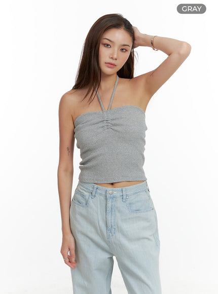 shirred-halter-neck-crop-tube-top-cl404 / Gray