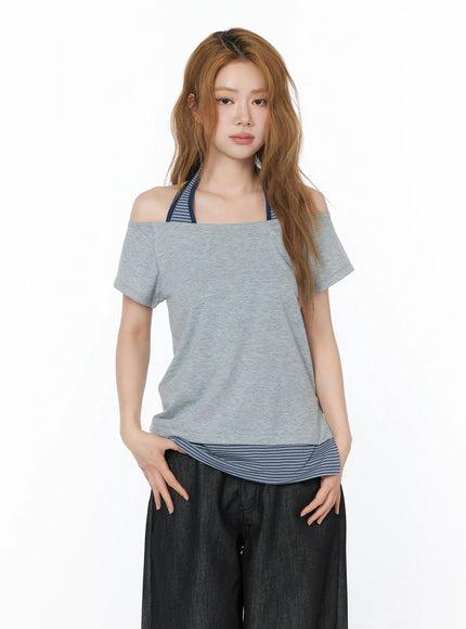 striped-halter-off-shoulder-tee-cy508 / Gray