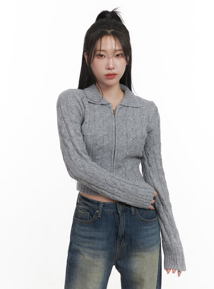 cable-knit-collared-zip-up-crop-cardigan-cj516 / Gray