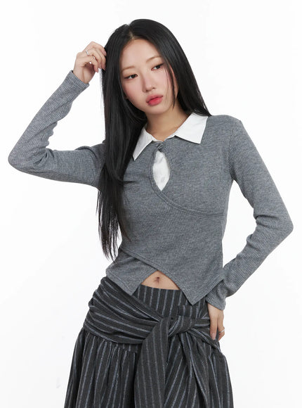 button-wrap-collar-ribbed-long-sleeve-top-cd529 / Gray