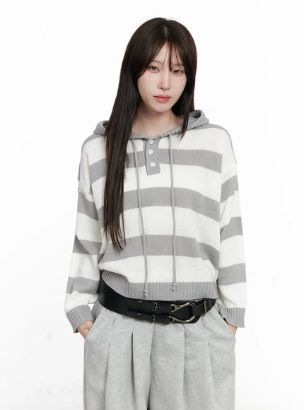 striped-half-buttonsweater-hoodie-co521 / Gray