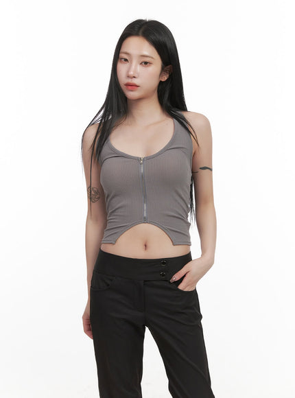 zip-up-halter-neck-crop-top-cj516 / Gray