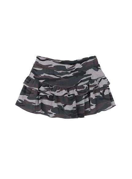camo-print-ruffle-mini-skirt-cu502 / Gray