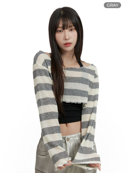 sheer-striped-crop-sweater-cl424 / Gray