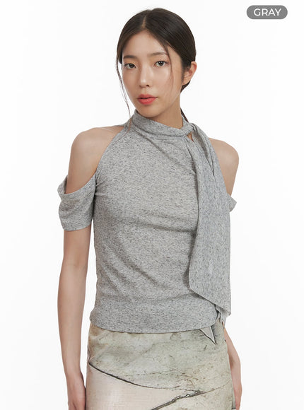 tie-neck-cut-out-shoulder-blouse-cy416 / Gray