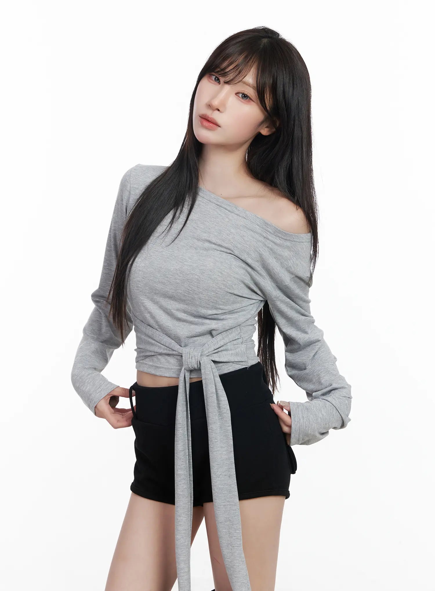 off-shoulder-wrap-tie-long-sleeve-top-cf523 / Gray