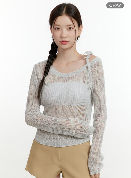 one-shoulder-strap-mesh-knit-top-ol423 / Gray