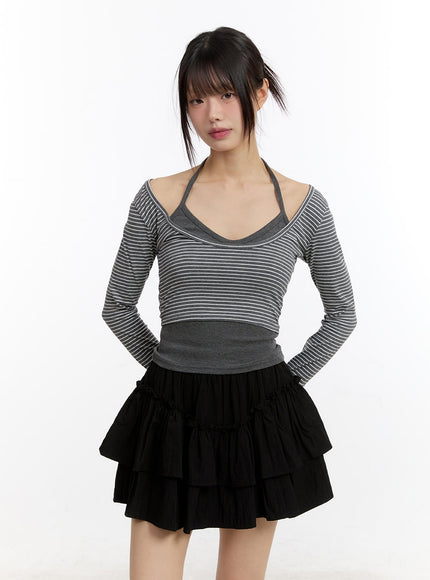 stripe-long-sleeve-crop-top-with-tank-top-ca508 / Gray