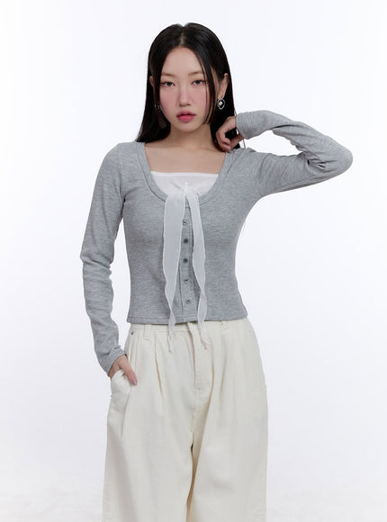 elegant-ribboned-long-sleeve-top-cj513 / Gray