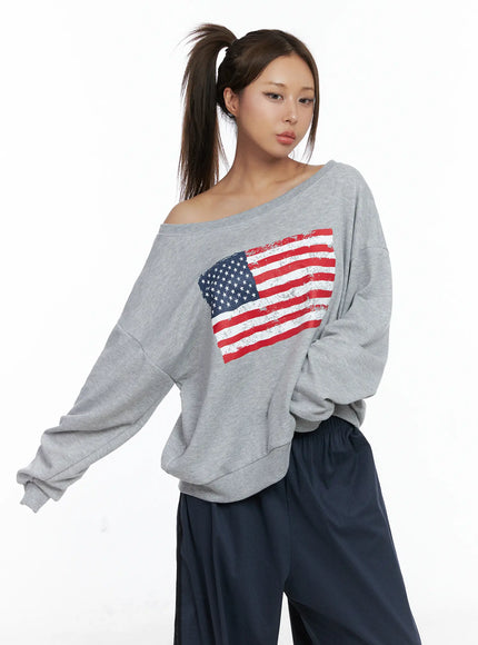 american-flag-off-shoulder-sweatshirt-cs504 / Gray