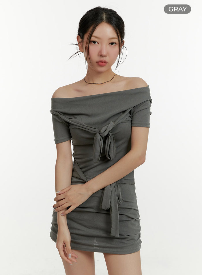 ribbon-knotted-off-shoulder-mini-dress-cy409 / Gray