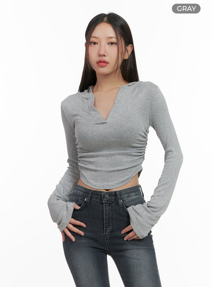 classic-slim-v-neck-crop-top-hoodie-co402 / Gray