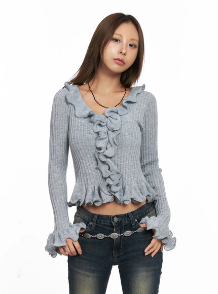 ruffle-trim-slim-fit-cardigan-co510 / Gray