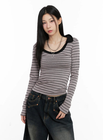 striped-contrast-long-sleeve-top-cs504 / Gray