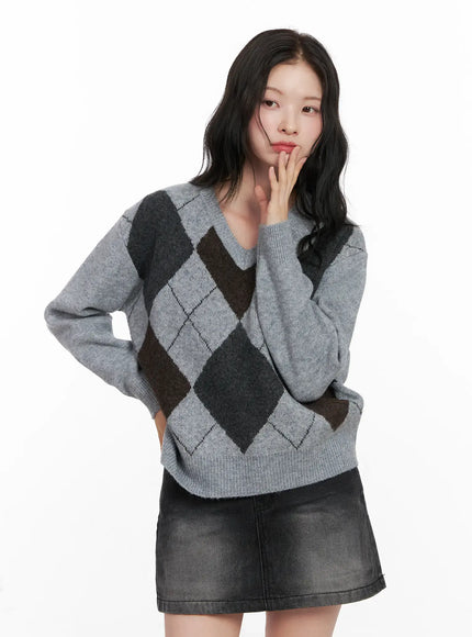 casual-argyle-long-sleeve-knit-co522 / Gray