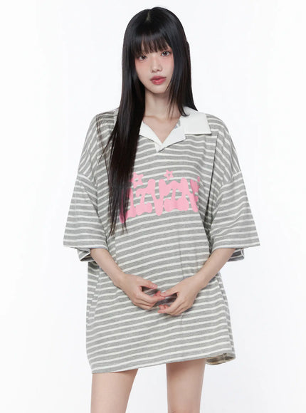 oversized-stripe-graphic-tee-cu519 / Gray