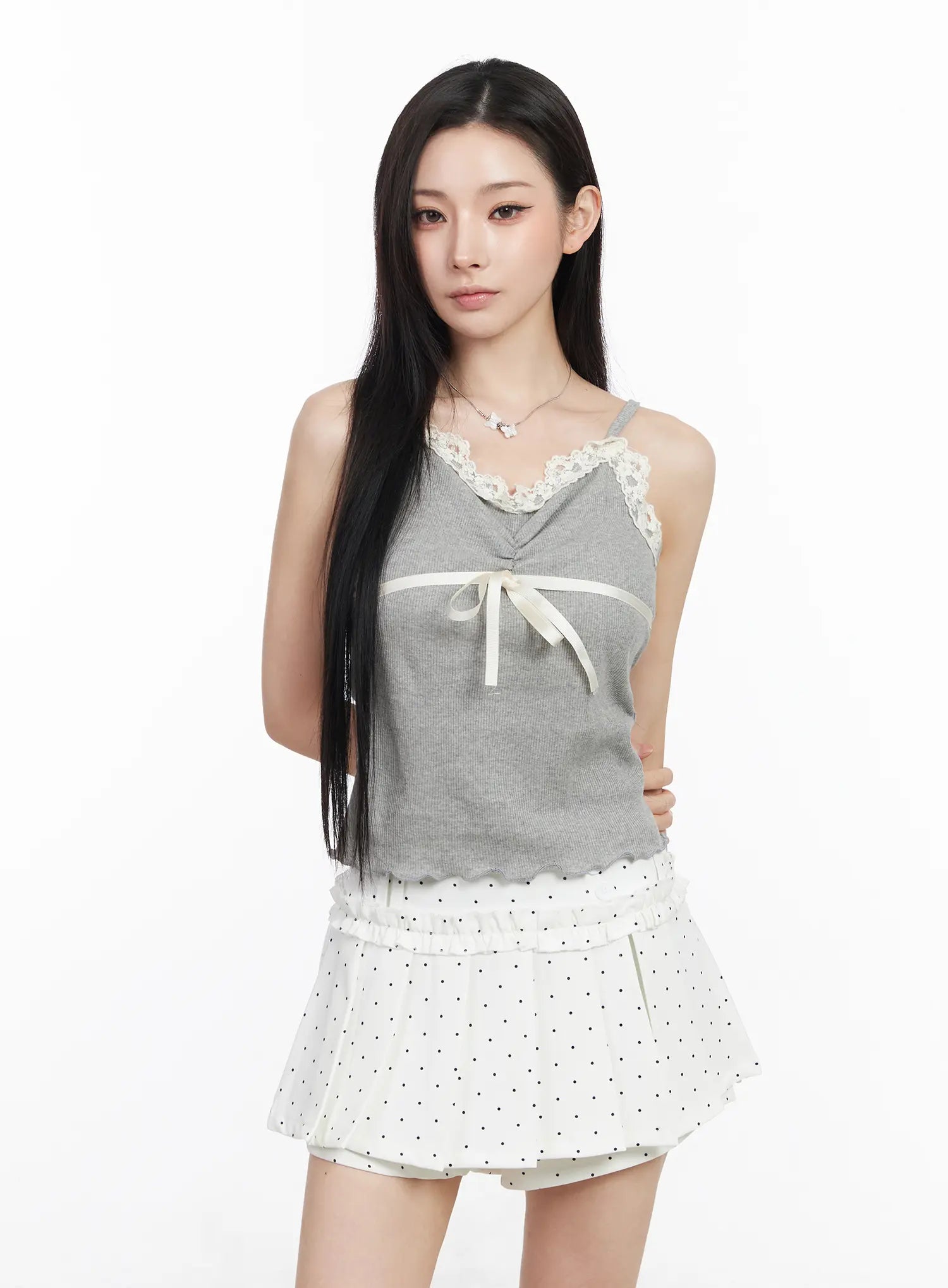 lace-trim-and-bow-crop-tank-cm518 / Gray