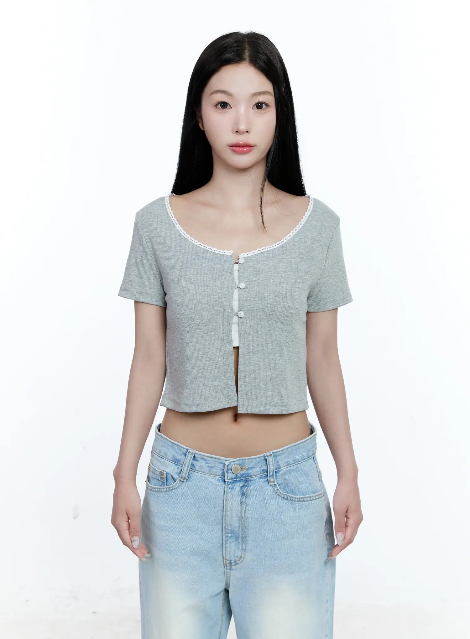 cropped-button-up-short-sleeve-cardigan-cg512 / Gray