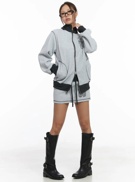 loose-fit-two-tone-waffle-zip-up-cj512 / Gray