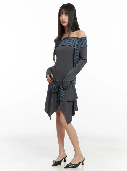 off-shoulder-two-tone-mini-dress-cd522 / Gray