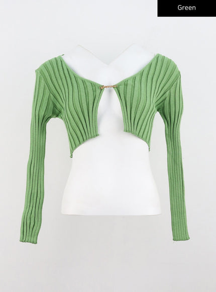 chain-front-ribbed-crop-cardigan-co318 / Green