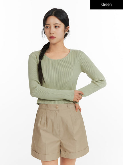 round-neck-knit-long-sleeve-top-of420 / Green