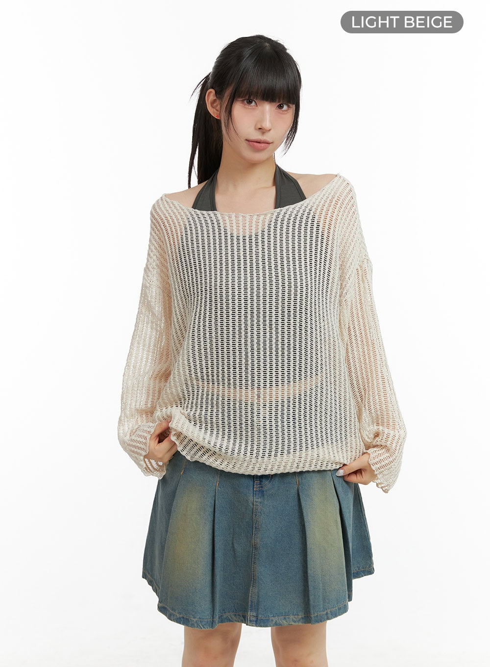 oversize-hollow-out-one-shoulder-knit-sweater-cl422 / Light beige