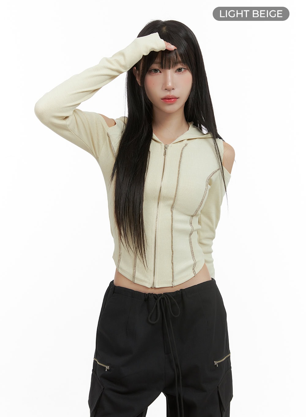 ribbed-hooded-slim-crop-zip-up-top-cg430 / Light beige