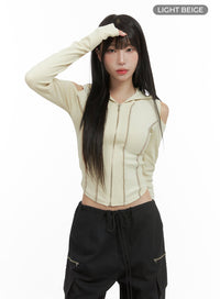 ribbed-hooded-slim-crop-zip-up-top-cg430 / Light beige